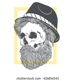 Stylish hipster skull with a beard in a summer hat. Vector illustration
