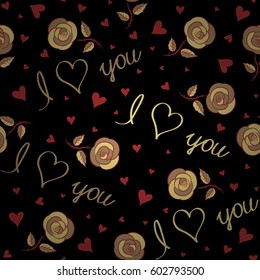 Stylish hipster texture on a black background. Vector seamless pattern. Simple repeating texture with chaotic hearts, and text in red, beige and yellow colors.