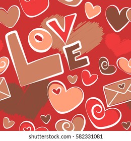 Stylish hipster texture on a orange background. Cute vector seamless pattern. Simple repeating texture with chaotic hearts, love letter and text.