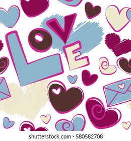 Stylish hipster texture on a white background. Vector seamless pattern. Simple repeating texture with chaotic hearts, love letter and text in brown, purple and magenta colors.