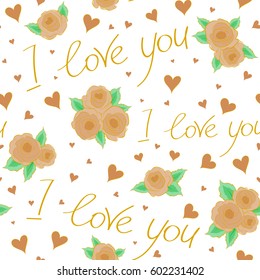 Stylish hipster texture on a white background. Vector seamless pattern. Simple repeating texture with chaotic hearts, love letter and text in yellow and orange colors.