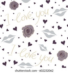 Stylish hipster texture on a white background. Vector seamless pattern. Simple repeating texture with chaotic hearts, love letter and text in beige, purple and gray colors.