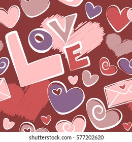 Stylish hipster texture. Vector seamless pattern. Simple repeating texture with chaotic hearts, love letter and text in red and purple colors.