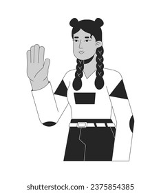 Stylish hispanic girl hello wave black and white 2D line cartoon character. Positive greeting teenager latina isolated vector outline person. Stop hand. Saying hi monochromatic flat spot illustration