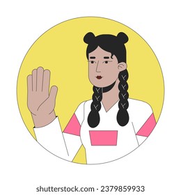 Stylish hispanic girl hello wave 2D line vector avatar illustration. Positive greeting teenager latina outline cartoon character face. Stop hand. Saying hi flat color user profile image isolated