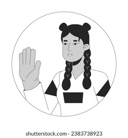 Stylish hispanic girl hello wave black and white 2D vector avatar illustration. Positive greeting teenager latina outline cartoon character face isolated. Stop hand. Saying hi flat user profile image