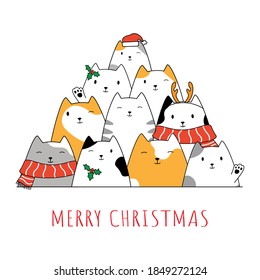 Stylish holiday card with cute cats in vector. Bright cartoon background with Christmas tree with cats. Funny face head silhouette.  Design of Christmas greeting card ready for print.