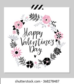 Stylish holiday card with love theme lettering and with flower wreath. Gold glitter effect. Hand drawn vintage Save the date, valentine day, romantic invitation or poster in vector.