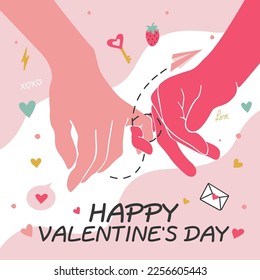 Stylish holiday card on a light background, love, Happy Valentines Day, contour hands of lovers, funny stickers, hearts, flat