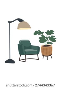 stylish home corner with armchair and leafy indoor plant arrangement