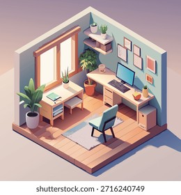 Elegante configuración de oficina en casa con escritorio, computadora, plantas, arte enmarcado y luz natural en un rincón acogedor