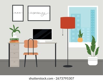 Stylish home workspace featuring a desk, orange chair, books, and potted plants Vector illustration