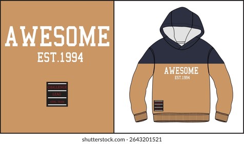 Design elegante com capuz com tipografia "AWESOME EST.1994" e patch de leitura "CHALLENGE LEAG ATHL. EQUIPE".