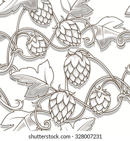 Stylish hop branch hand drawn vector illustration. Seamless pattern background 