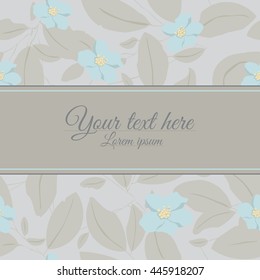 Stylish horizontal frame with blue flowers and leaves on light gray background