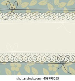Stylish horizontal lace frame with green leaves can be used for greeting cards, wedding invitations,  baby shower invitations and more creative designs.