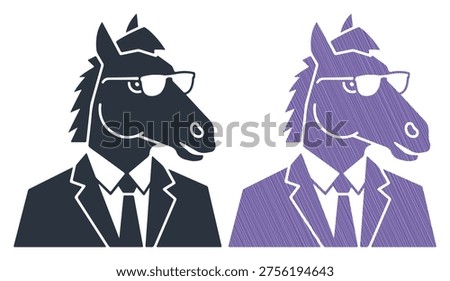 Stylish horse character with spectacles and formal wear, modern simple black and white design icon.