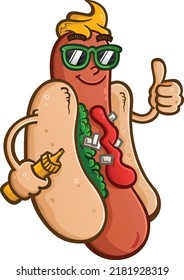 A Stylish Hot Dog With Attitude And Sunglasses Holding A Mustard Squirter And Flashing An Enthusiastic Thumbs Up Vector Clip Art Drawing