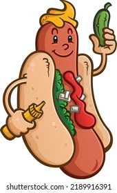 A Stylish Hot Dog Holding A Mustard Squirter And A Delicious Dill Pickle Vector Clip Art Drawing