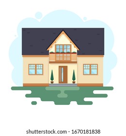 Stylish house against the sky and other elements of the environment. House in a flat style. Vector illustration