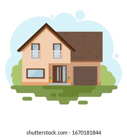 Stylish house against the sky and other elements of the environment. House in a flat style. Vector illustration