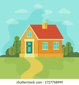 Stylish house against the sky and other elements of the environment.Mansion vector illustration. House exterior front view in trendy flat style. Townhouse building. Home faсade with door and windows.