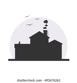 Stylish house silhouette vector illustration in dark colors with moon background. Logo or icon design, infographics element. With birds, cat and smoke from chimney!