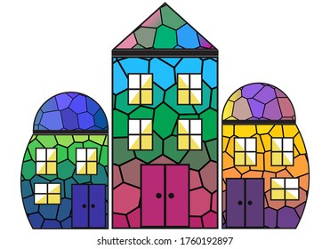Stylish houses from a colored mosaic pattern with windows and a door. Vector graphics on a white background.