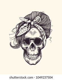 Stylish human skull with fashionable 1960s hairstyle and headscarf hand drawn in woodcut style inside triangle against stripes and circles on background. Vector illustration for poster, banner, print.