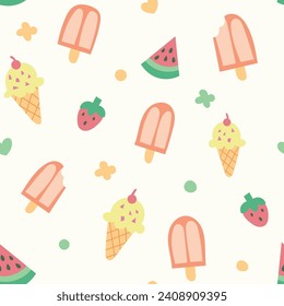 Stylish ice cream seamless background. Tropical fruits pattern. Modern hand-drawn print for fabric, surface, wallpaper.