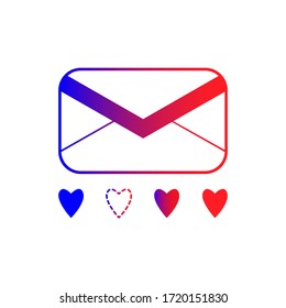Stylish icon of email letter with Love or Like symbols colored in blue red gradient. Vector. White background