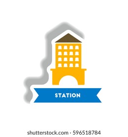 stylish icon in paper sticker style building Station