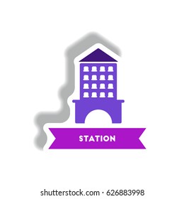 stylish icon in paper sticker style building Station
