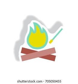 stylish icon in paper sticker style fire and match