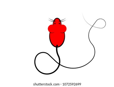 Stylish icon of a red mouse PC icon for web and print. Minimalistic symbol of the home of a rodent mouse or rat with long tail, vector illustration isolated or white background 