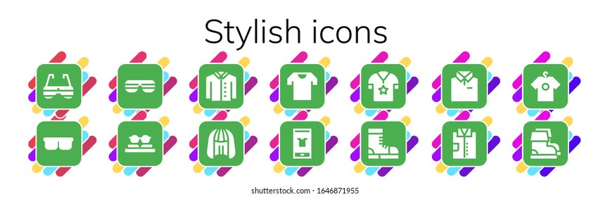 stylish icon set. 14 filled stylish icons.  Simple modern icons such as: Sunglasses, Shirt, Wig, Fashion, Boots