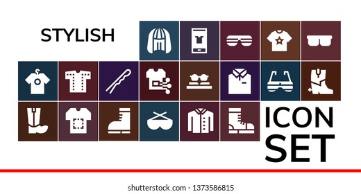 stylish icon set. 19 filled stylish icons.  Collection Of - Wig, Shirt, Boots, Sunglasses, Hairpin, Fashion