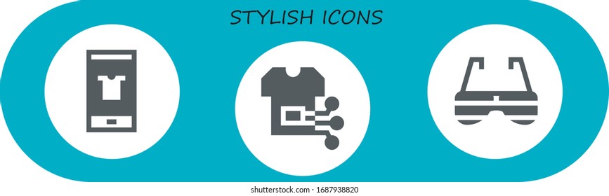 stylish icon set. 3 filled stylish icons.  Simple modern icons such as: Fashion, Shirt, Sunglasses