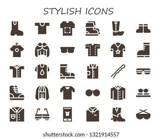 stylish icon set. 30 filled stylish icons.  Collection Of - Boot, Shirt, Boots, Wig, Sunglasses, Hairpin, Fashion