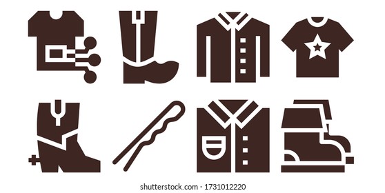 stylish icon set. 8 filled stylish icons. Included Boots, Shirt, Hairpin icons