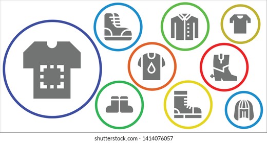 stylish icon set. 9 filled stylish icons.  Collection Of - Shirt, Boots, Wig