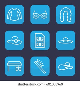 stylish icon. Set of 9 outline stylish icons such as hairstyle, hair brush, woman hat, blouse, office desk, sim card