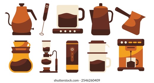 Eine stilvolle Ikone mit Kaffeebrühwerkzeugen, mit Wasserkochern, Kaffeemaschinen und Espressomaschinen, die in einem warmen und modernen flachen Stil gestaltet sind. Perfekt für Projekte zum Thema Kaffee.