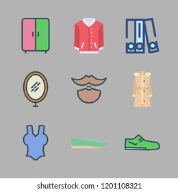 stylish icon set. vector set about beard, shoe, mirror and swimsuit icons set.