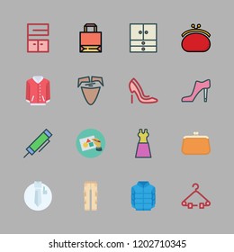 stylish icon set. vector set about high heel, highlighter, furniture and dress icons set.