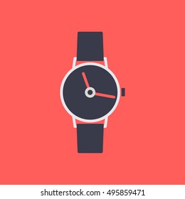 Stylish icon wrist watch in a flat style, isolated on a red background, vector illustration.