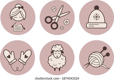 Stylish icons for needlework. Images of a knitting woman, scissors, buttons, a hat, mittens with hearts, soft and warm sheep's wool, a ball of yarn with knitting needles. Stylish highlights  handmade