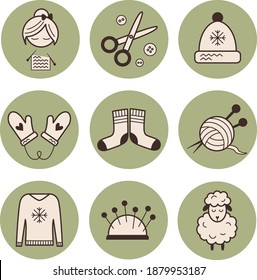 Stylish icons for needlework. Images of a knitting woman, scissors, buttons, a hat, mittens with hearts, soft and warm sheep's wool, a ball of yarn with knitting needles. Stylish highlights handmade