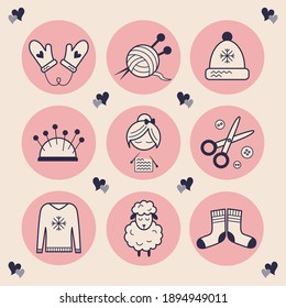 Stylish icons for needlework. Images of a knitting woman, scissors, buttons, a hat, mittens with hearts, soft and warm sheep's wool, a ball of yarn with knitting needles. Stylish highlights handmade