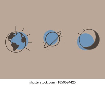Stylish icons of planets and satellites. Vector image in eps format.